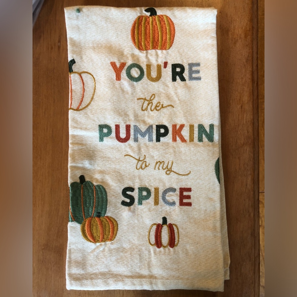 Anthropologie Dish Towel Pumpkin To My Spice Cotton Embroidery Autumn Fall Love